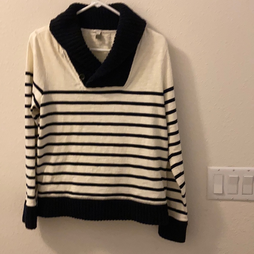 Striped Cowl Neck Sweater - Navy and Cream